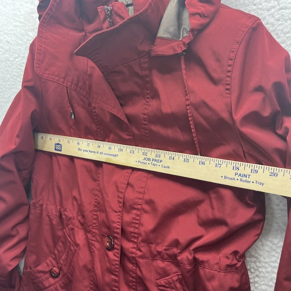 St Johns Bay Jacket Womens Small Red Pockets Full Zip Button Hooded Chore Preppy